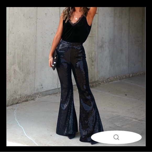 VICI Collection: I WILL SURVIVE SEQUIN FLARE PANTS - BLACK - Picture 5 of 5